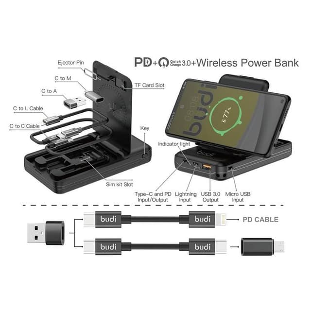 Budi Wireless Powerbank 10000mAh Multi Functional Box / Type-C / Micro ...